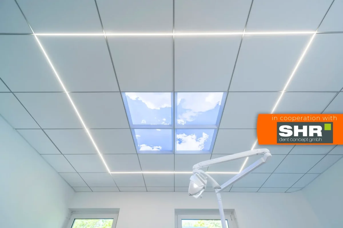 Éclairage de plafond photo Dentled haute résolution améliorant le confort dans une clinique dentaire moderne.